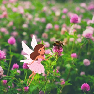 Clover Fairy among pink clover flowers, talking to a bumblebee